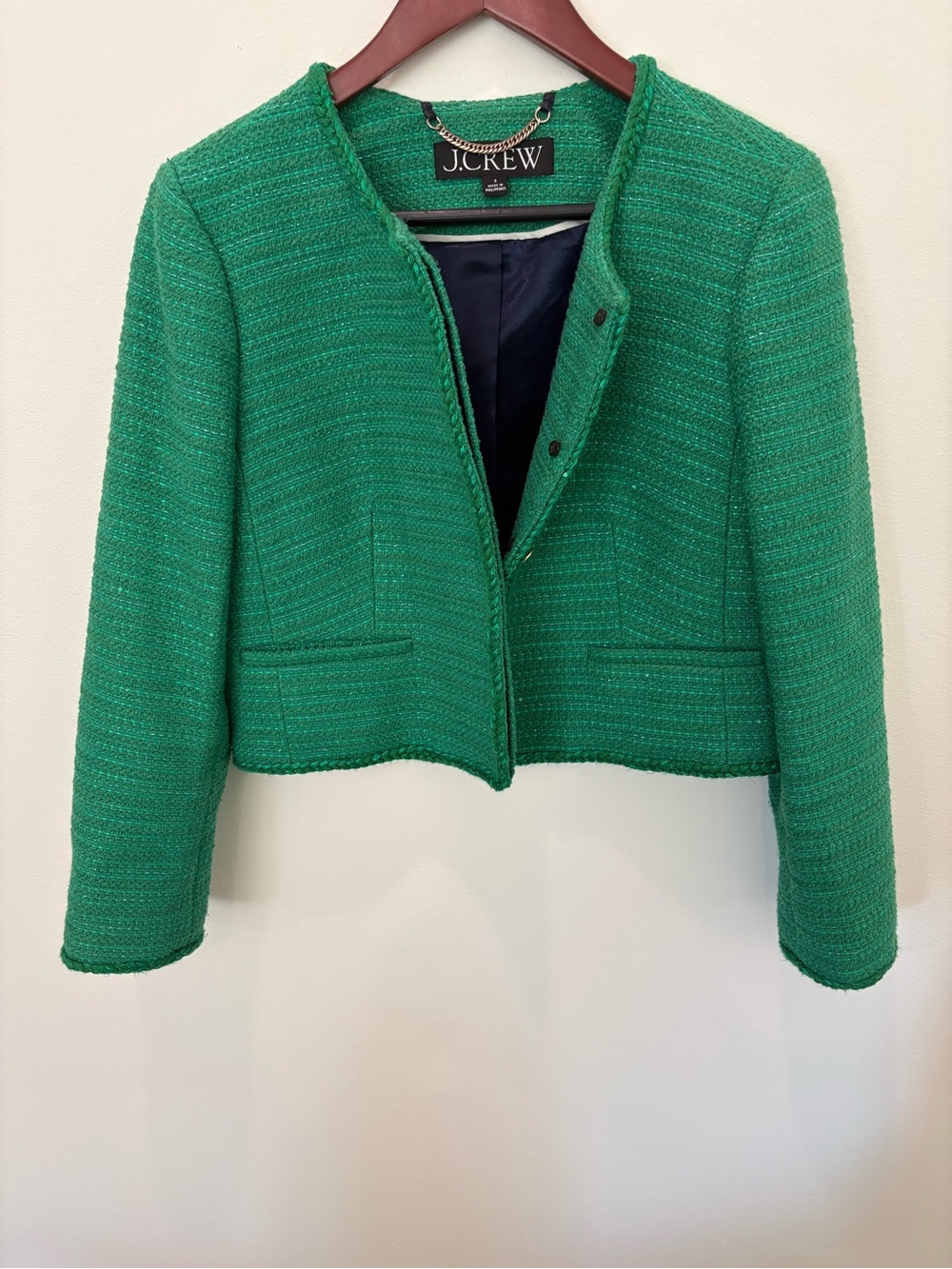 J. Crew Green Tweed Cropped Blazer